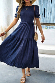 Sail Blue Solid Textured Smocked Puff Short Sleeve High Waist Long Dress - Fashion Queen -  1
